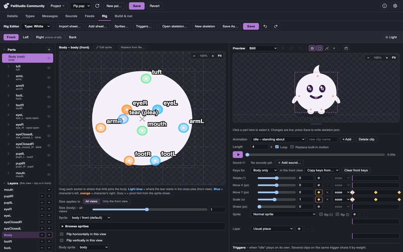 PalStudio Community with Pip open in the Rig tab