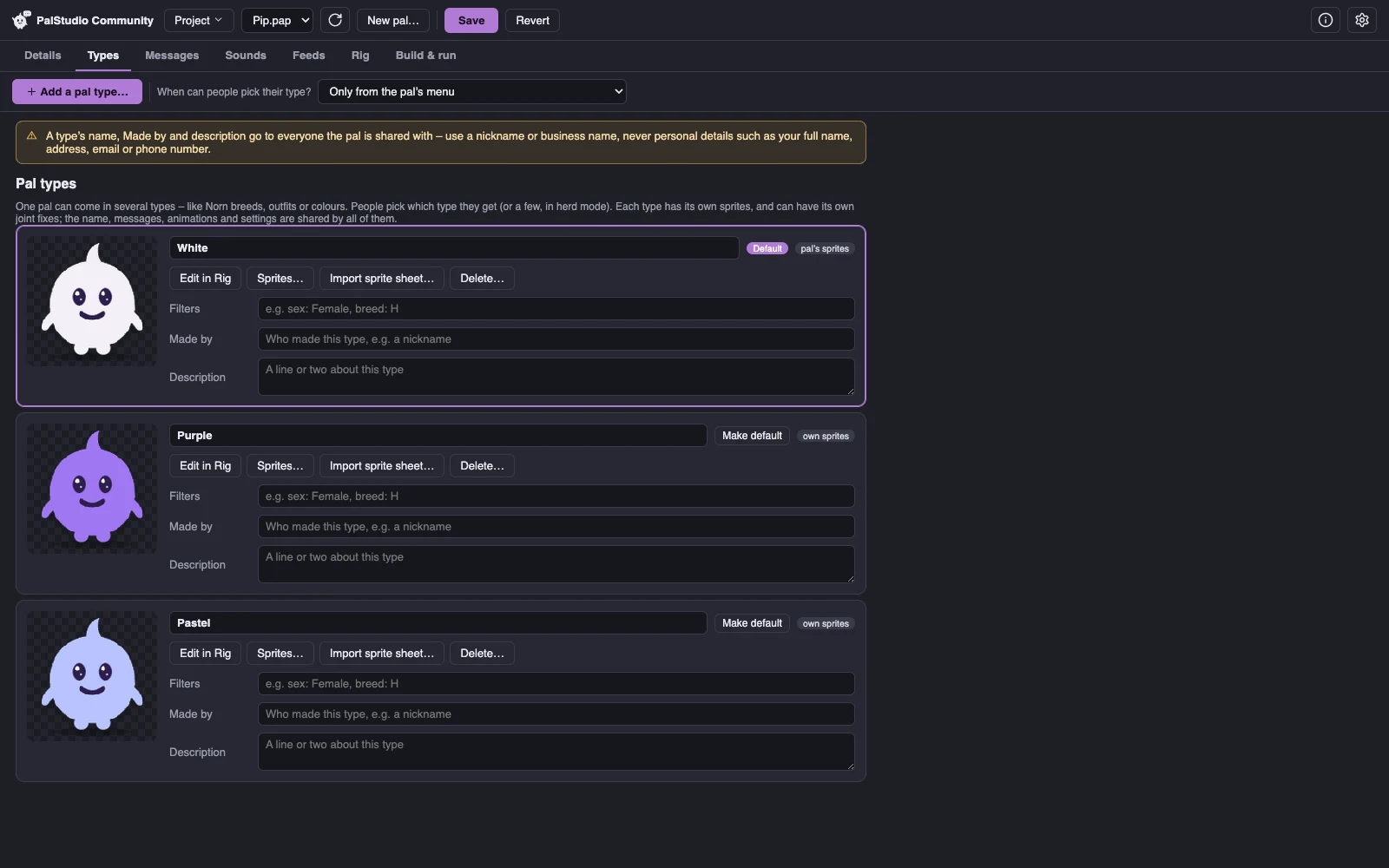 PalStudio Community's Types tab showing Pip's White, Purple and Pastel types