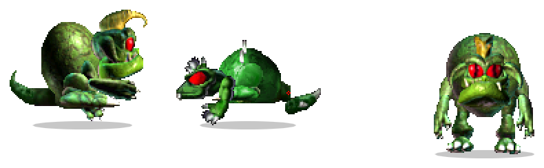 Three Grendels on a desktop: two classic green Grendels and a crouching Eryx Grendel between them.